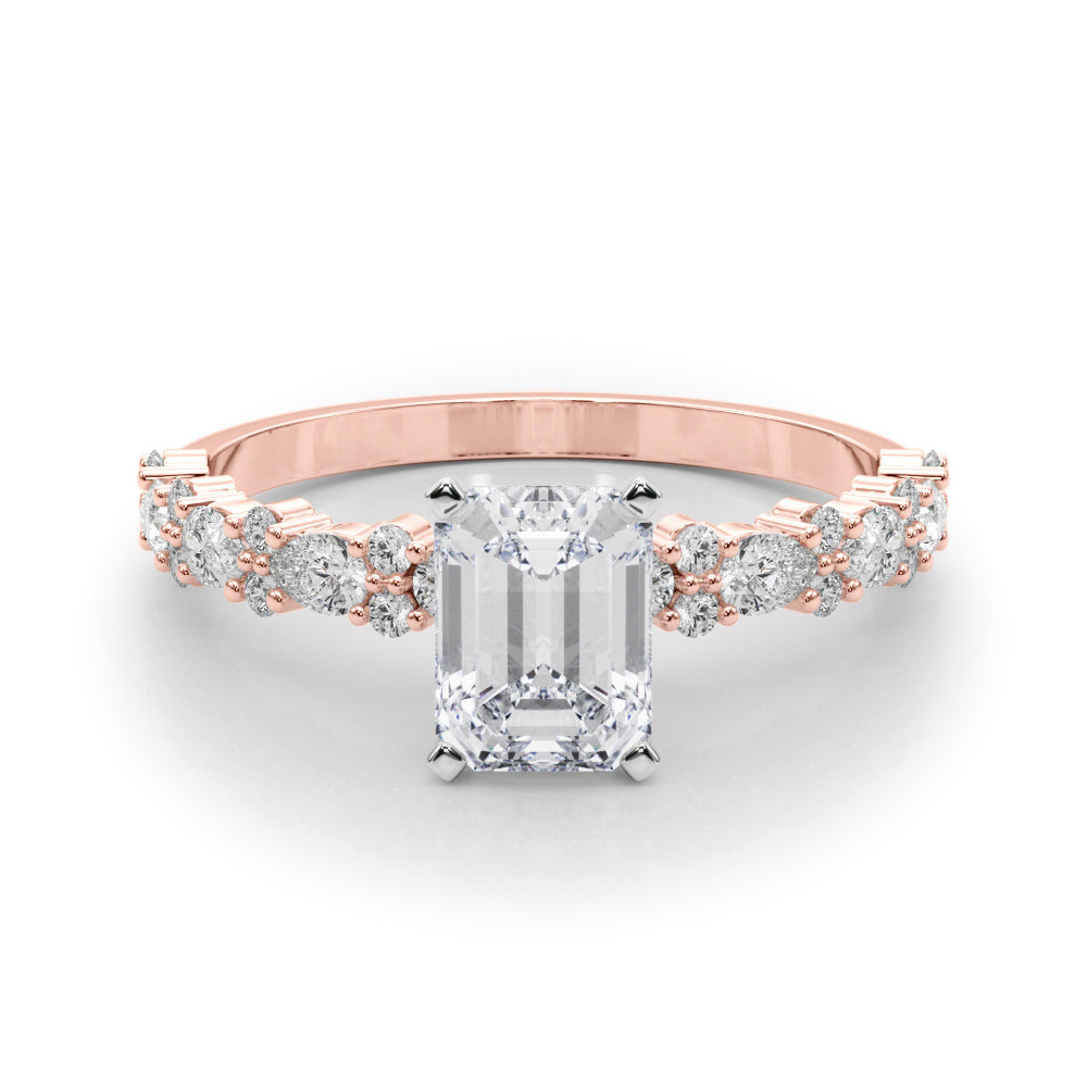 Rose gold Emerald Solitaire with Side Stones, Pave Band, Four-Prong Setting