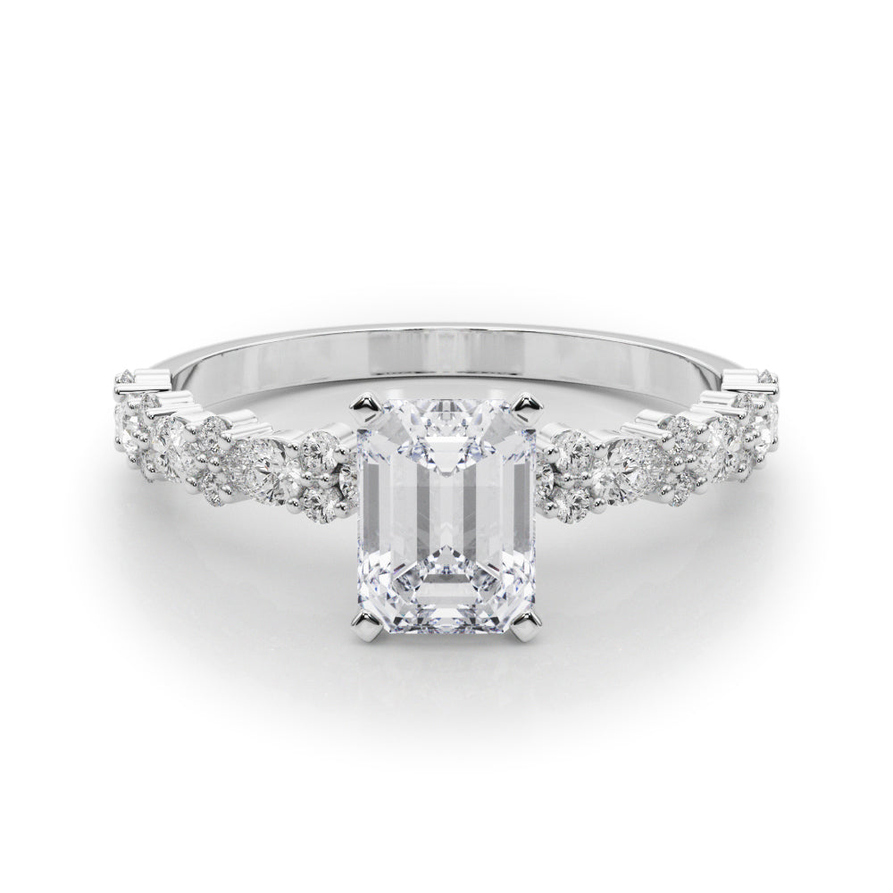 White gold Radiant Solitaire with Side Stones, Pave Band, Four-Prong Setting