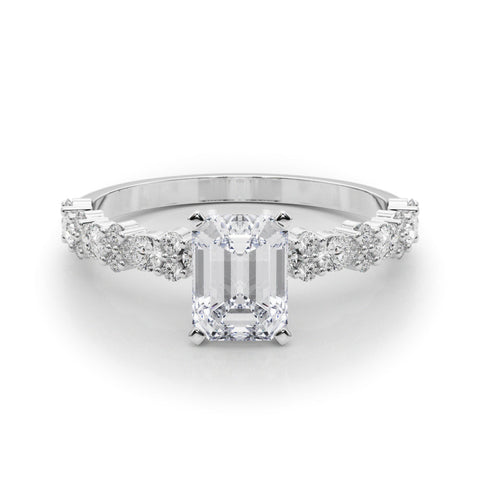 White gold Emerald Solitaire with Side Stones, Pave Band, Four-Prong Setting