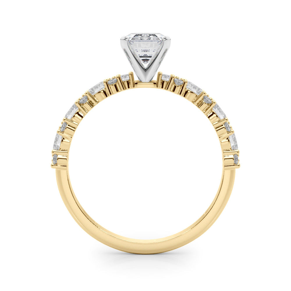 Yellow gold Radiant Solitaire with Side Stones, Pave Band, Four-Prong Setting