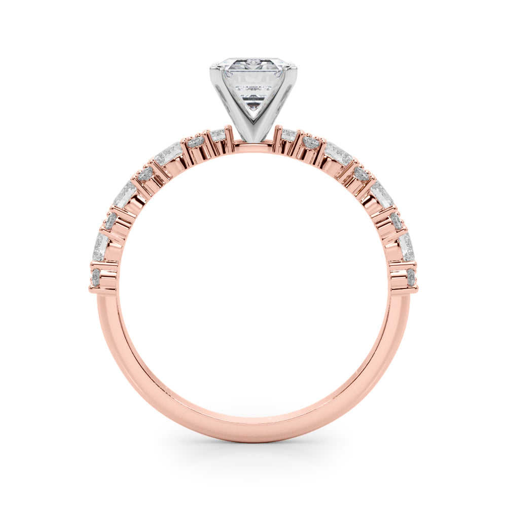Rose gold Radiant Solitaire with Side Stones, Pave Band, Four-Prong Setting