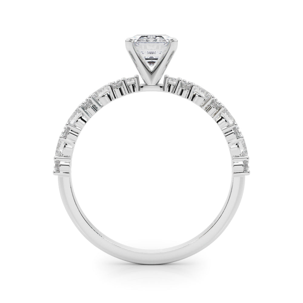 White gold Emerald Solitaire with Side Stones, Pave Band, Four-Prong Setting