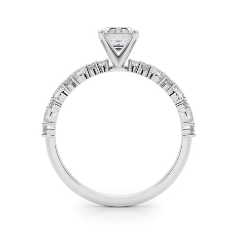 White gold Emerald Solitaire with Side Stones, Pave Band, Four-Prong Setting