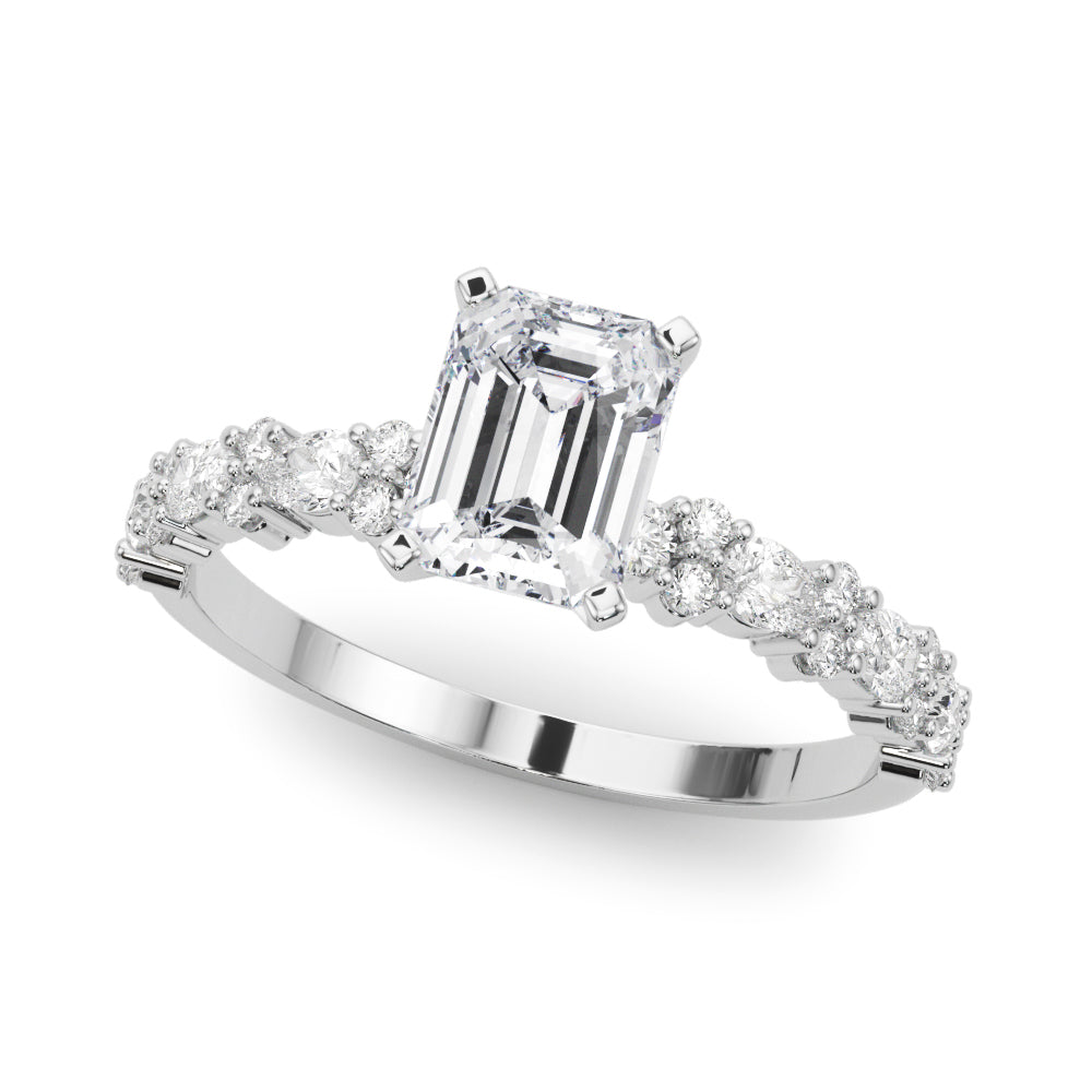 White gold Radiant Solitaire with Side Stones, Pave Band, Four-Prong Setting