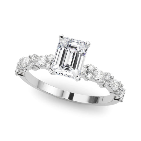 Platinum Emerald Solitaire with Side Stones, Pave Band, Four-Prong Setting