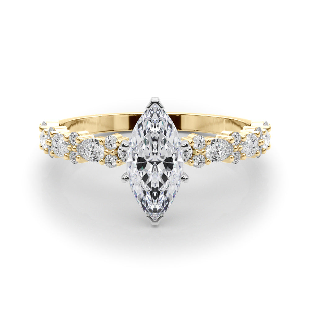 Yellow gold Marquise Solitaire with Side Stones, Pave Band, Four-Prong Setting