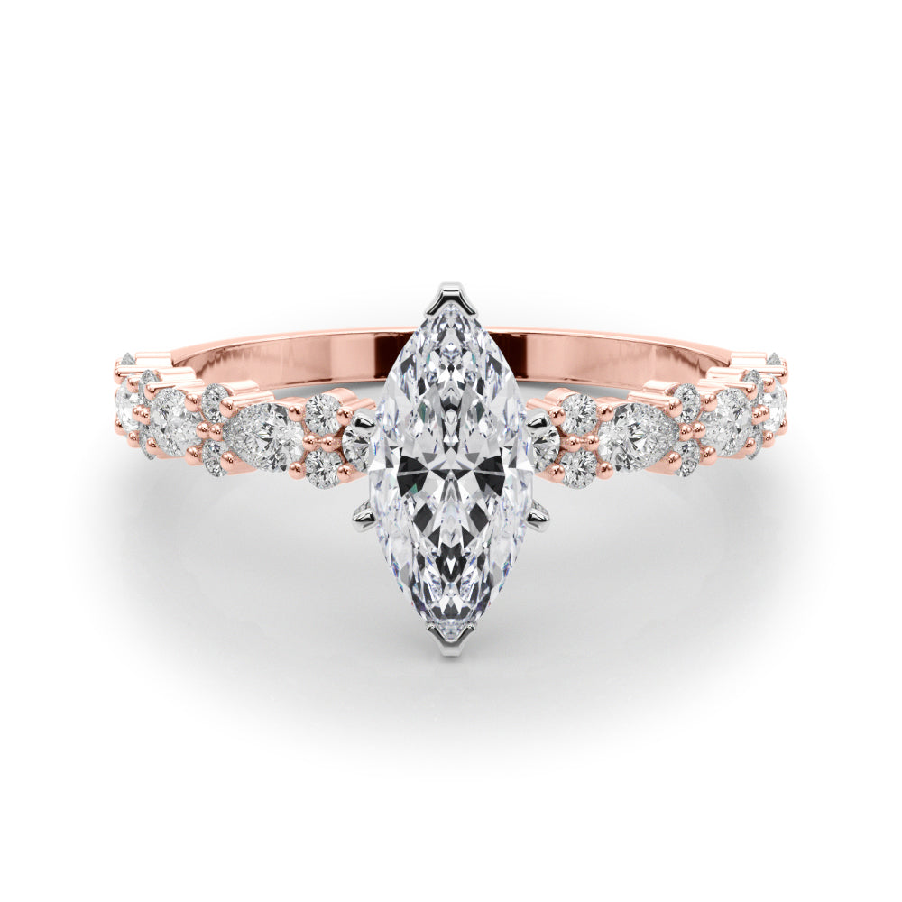 Rose gold Marquise Solitaire with Side Stones, Pave Band, Four-Prong Setting