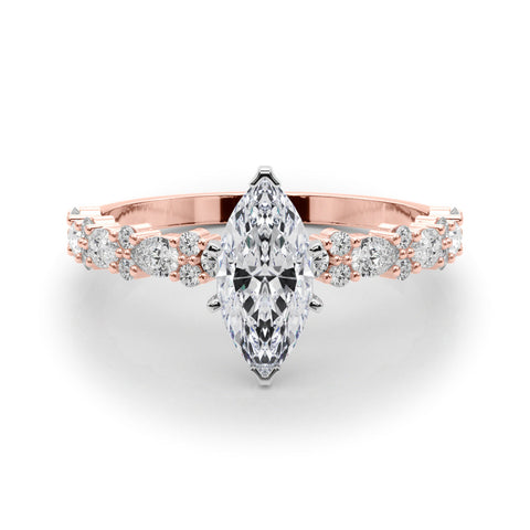 Rose gold Marquise Solitaire with Side Stones, Pave Band, Four-Prong Setting