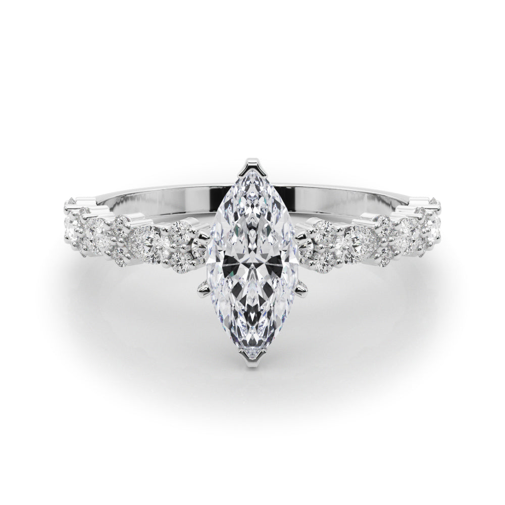 White gold Marquise Solitaire with Side Stones, Pave Band, Four-Prong Setting