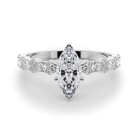 White gold Marquise Solitaire with Side Stones, Pave Band, Four-Prong Setting