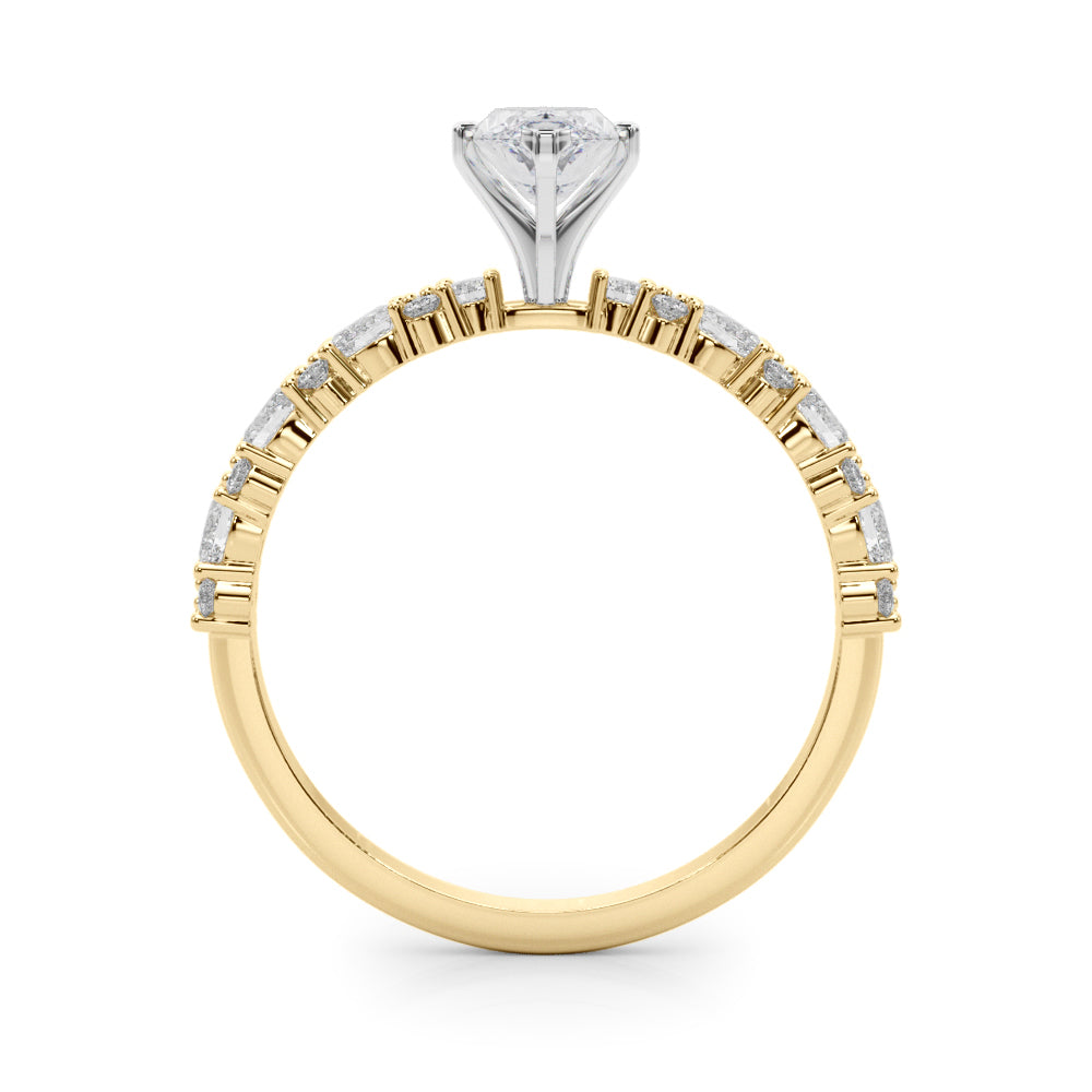 Yellow gold Marquise Solitaire with Side Stones, Pave Band, Four-Prong Setting