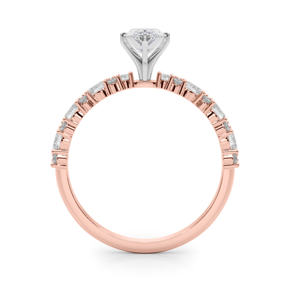 Rose gold Marquise Solitaire with Side Stones, Pave Band, Four-Prong Setting