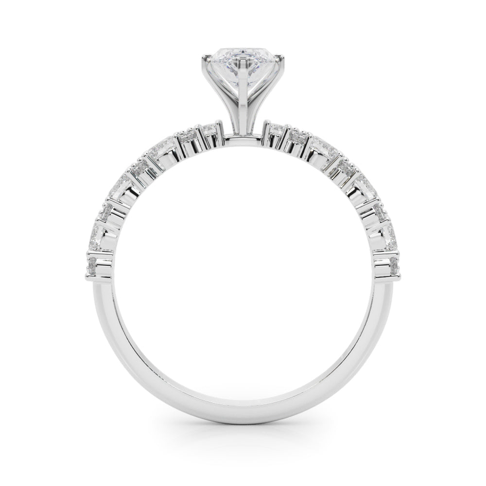 White gold Marquise Solitaire with Side Stones, Pave Band, Four-Prong Setting