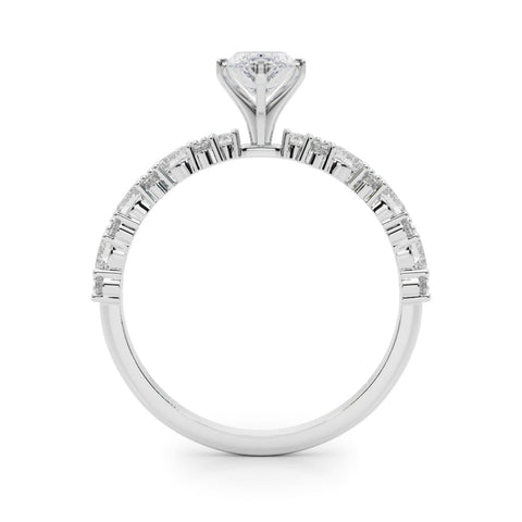 White gold Marquise Solitaire with Side Stones, Pave Band, Four-Prong Setting