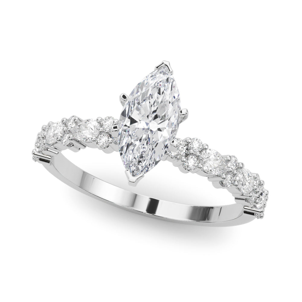 White gold Marquise Solitaire with Side Stones, Pave Band, Four-Prong Setting