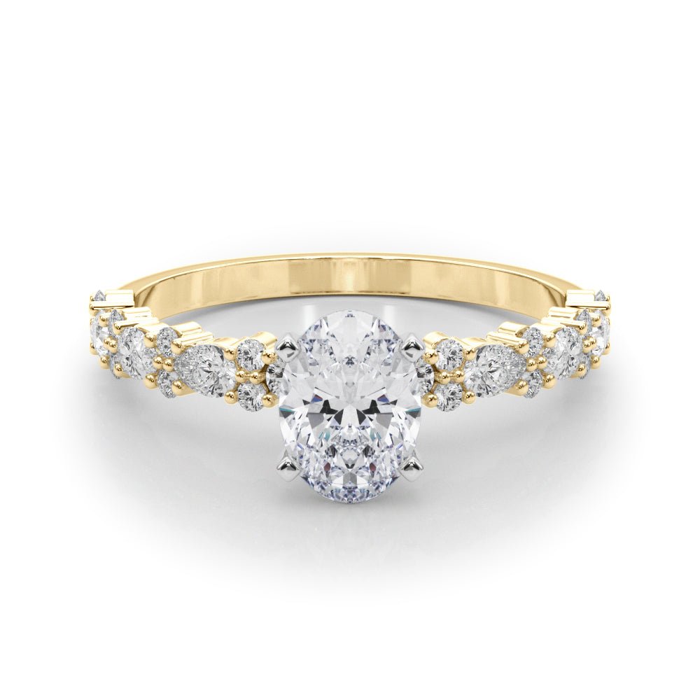 Yellow gold Oval Solitaire with Side Stones, Pave Band, Four-Prong Setting