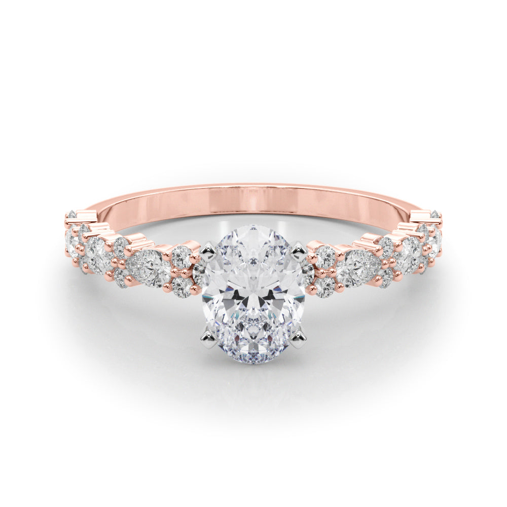 Rose gold Oval Solitaire with Side Stones, Pave Band, Four-Prong Setting