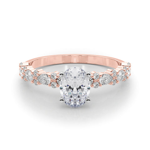 Rose gold Oval Solitaire with Side Stones, Pave Band, Four-Prong Setting