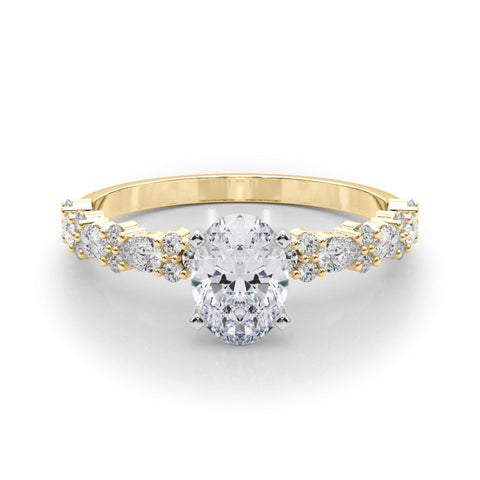 Yellow gold Oval Solitaire with Side Stones, Pave Band, Four-Prong Setting