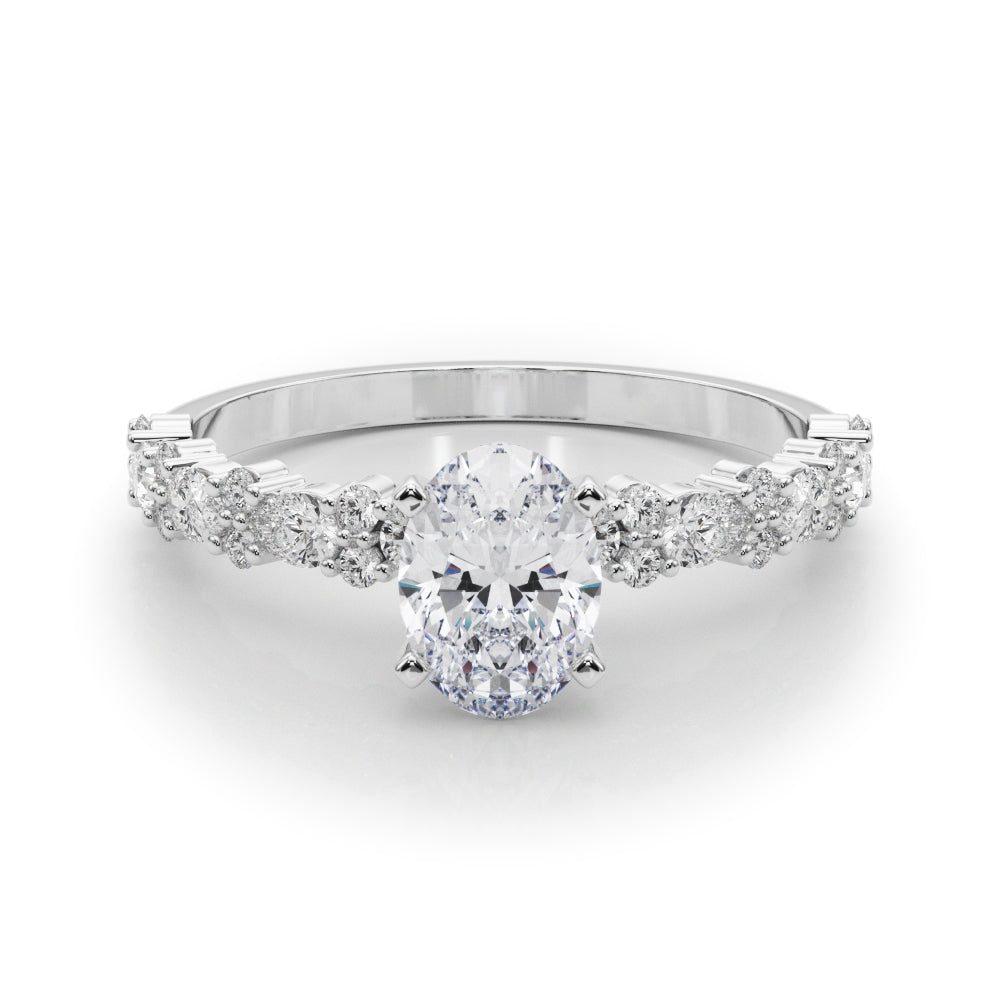 White gold Oval Solitaire with Side Stones, Pave Band, Four-Prong Setting