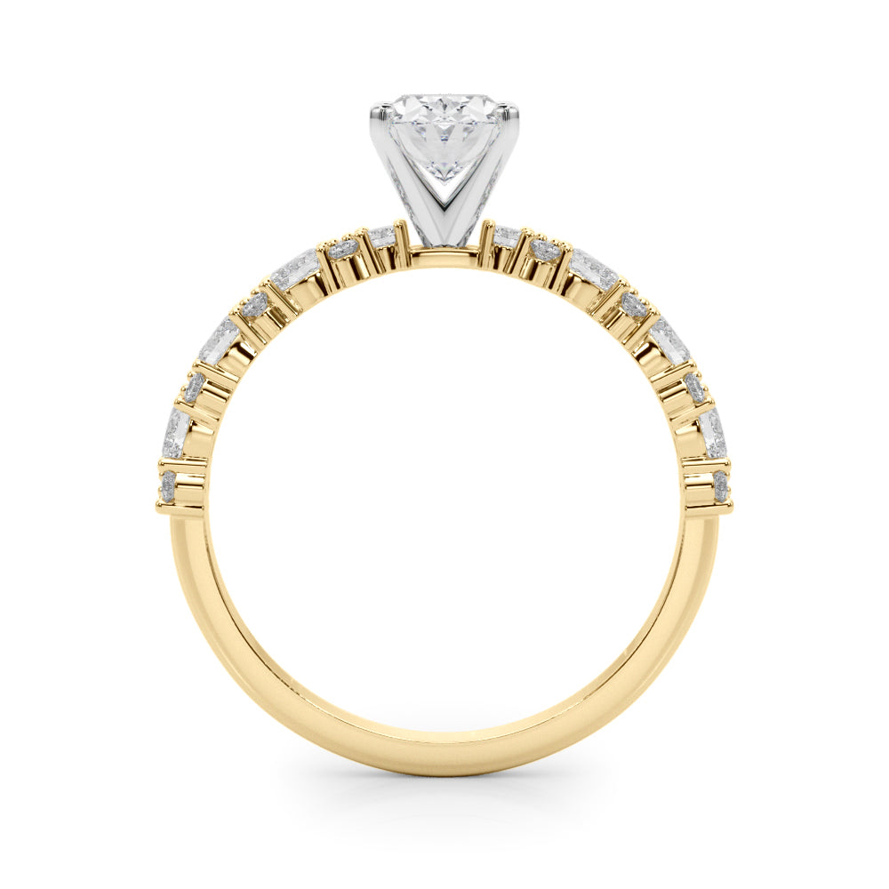 Yellow gold Oval Solitaire with Side Stones, Pave Band, Four-Prong Setting