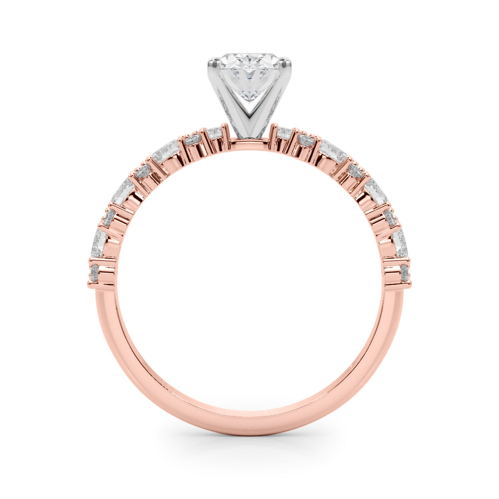 Rose gold Oval Solitaire with Side Stones, Pave Band, Four-Prong Setting
