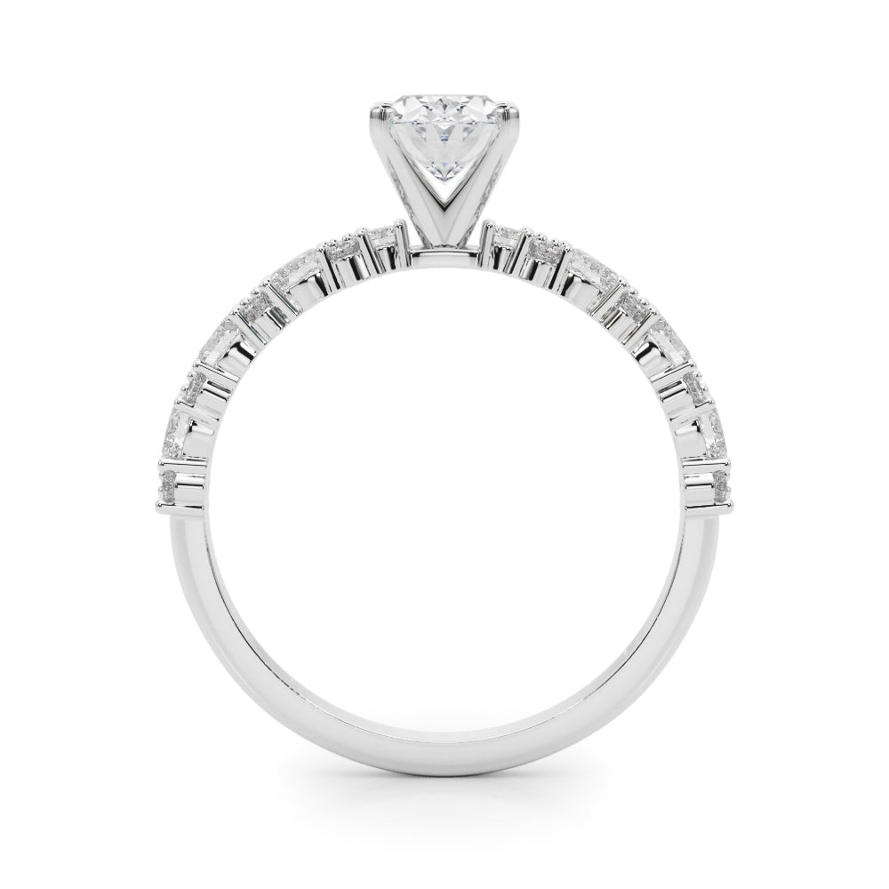 White gold Oval Solitaire with Side Stones, Pave Band, Four-Prong Setting