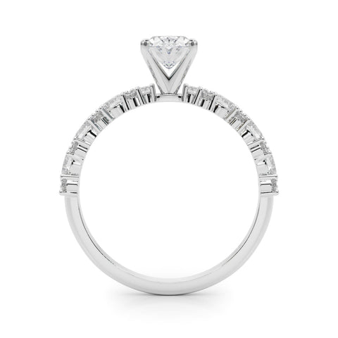 Silver Oval Solitaire with Side Stones, Pave Band, Four-Prong Setting