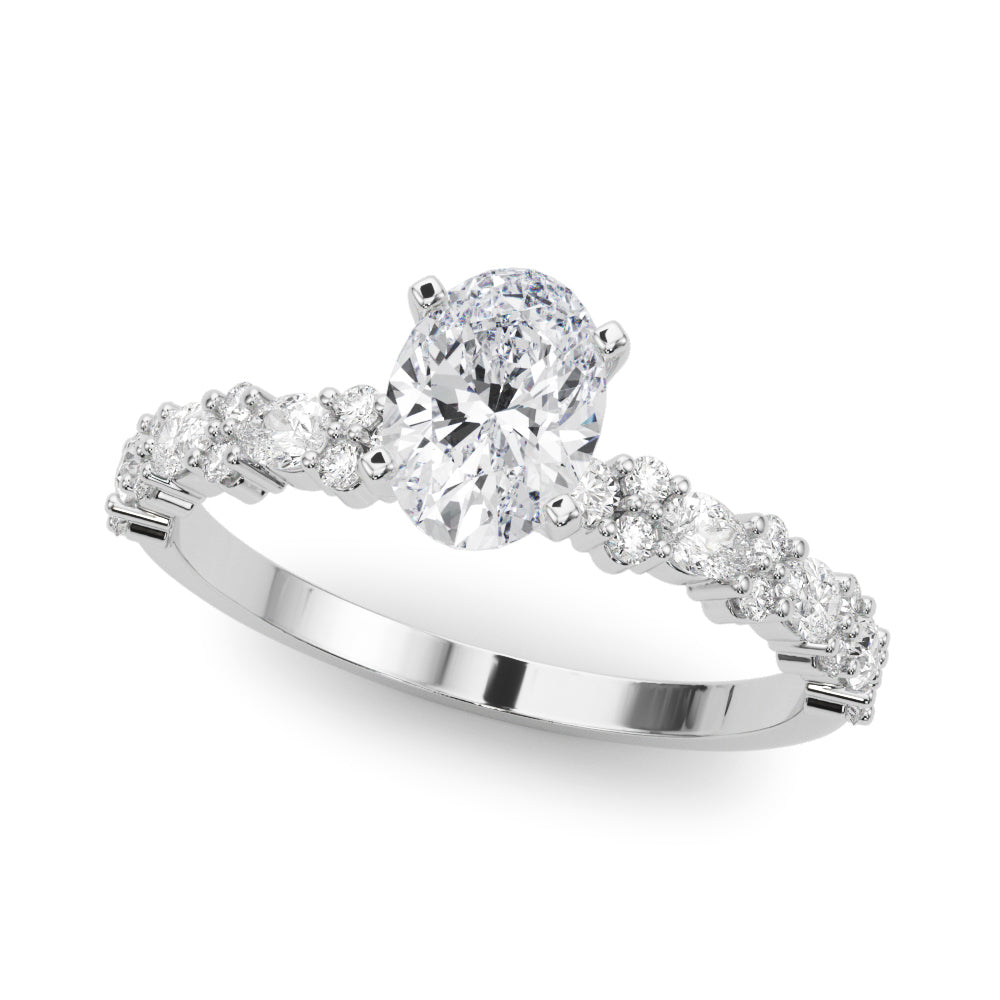 White gold Oval Solitaire with Side Stones, Pave Band, Four-Prong Setting