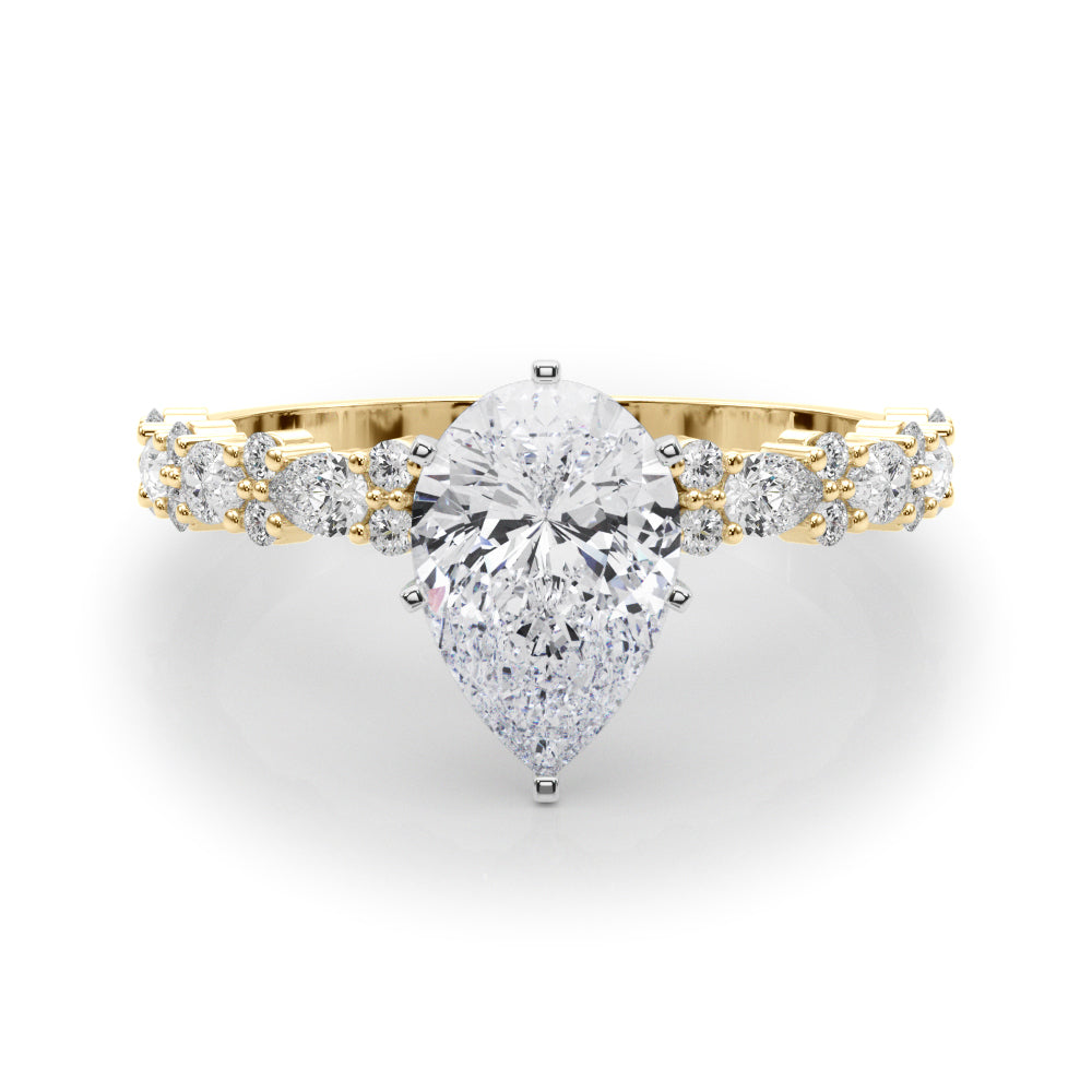 Yellow gold Pear Solitaire with Side Stones, Pave Band, Four-Prong Setting
