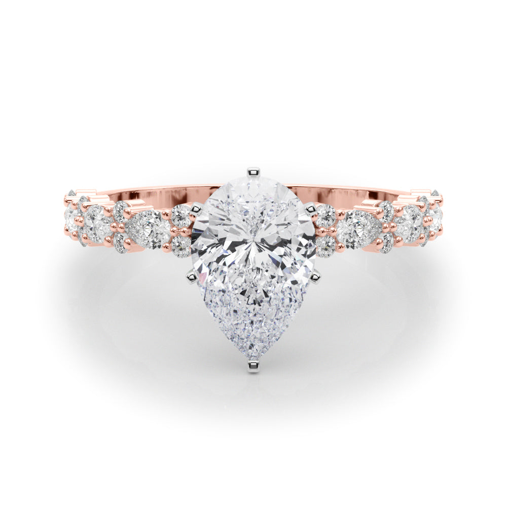 Rose gold Pear Solitaire with Side Stones, Pave Band, Four-Prong Setting