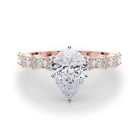 Rose gold Pear Solitaire with Side Stones, Pave Band, Four-Prong Setting