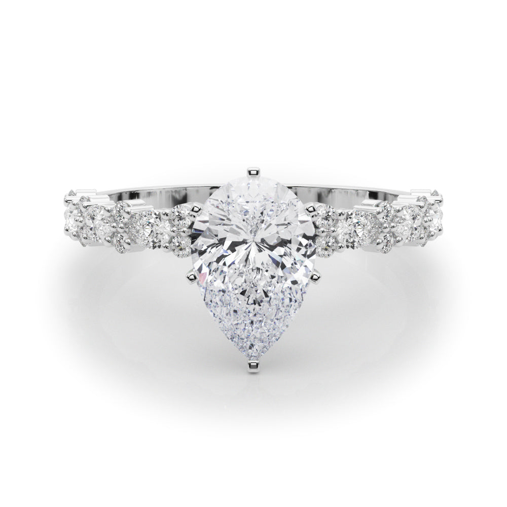 Silver Pear Solitaire with Side Stones, Pave Band, Four-Prong Setting