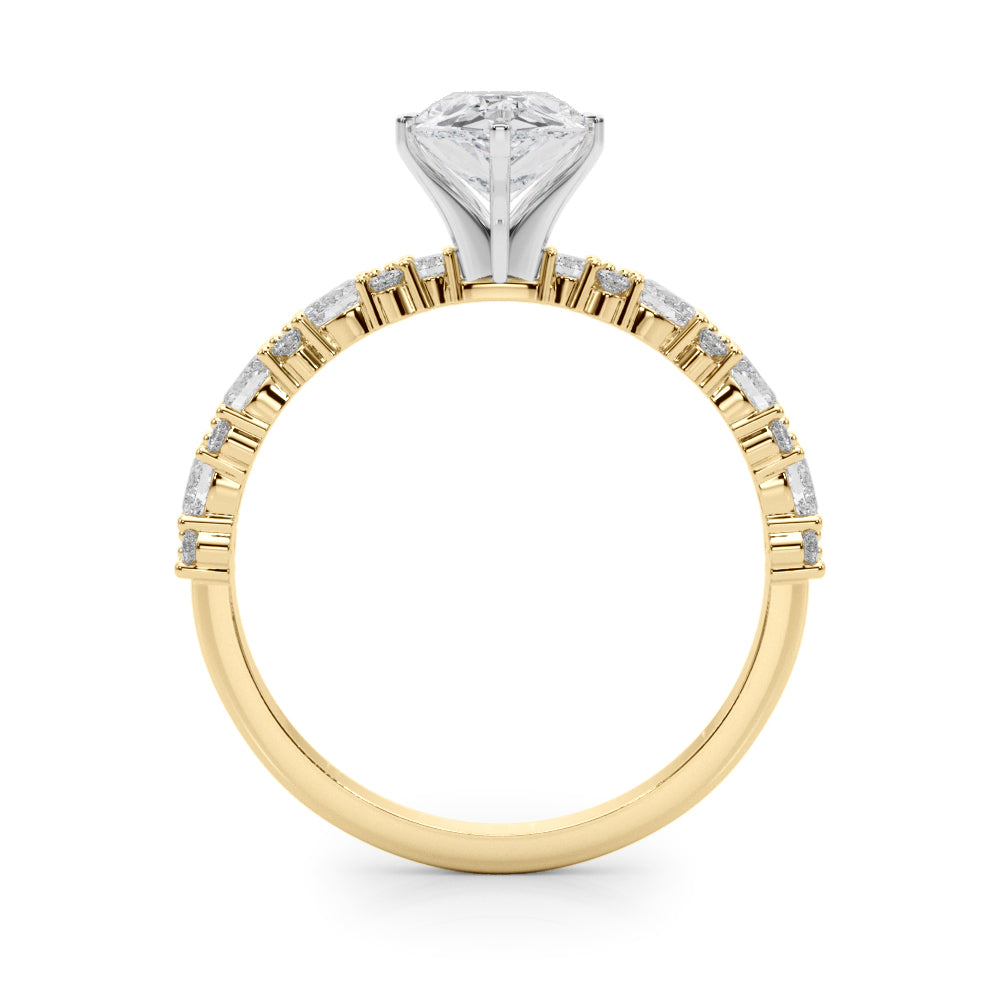 Yellow gold Pear Solitaire with Side Stones, Pave Band, Four-Prong Setting