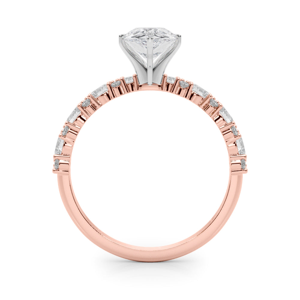 Rose gold Pear Solitaire with Side Stones, Pave Band, Four-Prong Setting