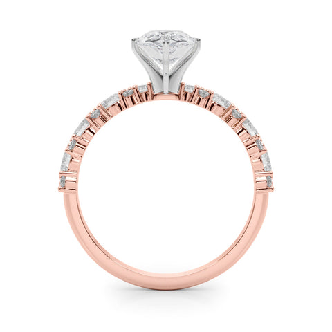 Rose gold Pear Solitaire with Side Stones, Pave Band, Four-Prong Setting