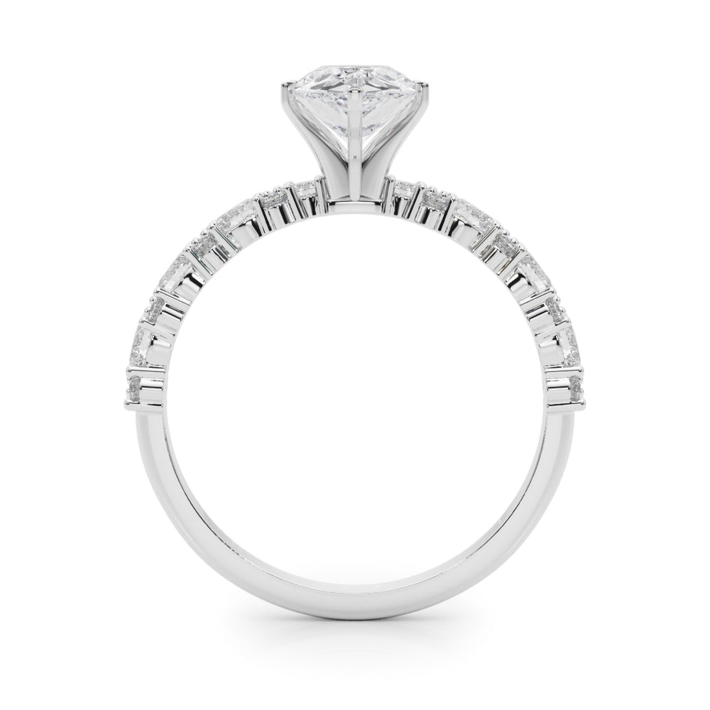 White gold Pear Solitaire with Side Stones, Pave Band, Four-Prong Setting