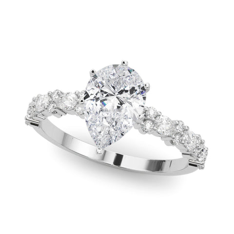 Platinum Pear Solitaire with Side Stones, Pave Band, Four-Prong Setting