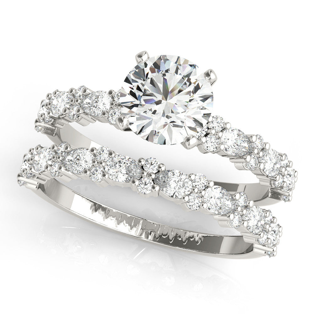 White gold Heart Solitaire with Side Stones, Pave Band, Four-Prong Setting