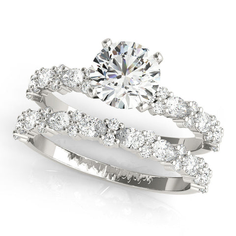White gold Round Solitaire with Side Stones, Pave Band, Four-Prong Setting