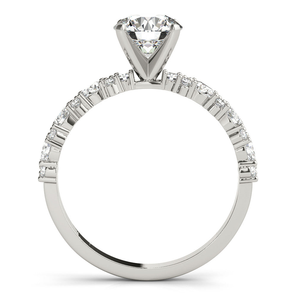 White gold Round Solitaire with Side Stones, Pave Band, Four-Prong Setting