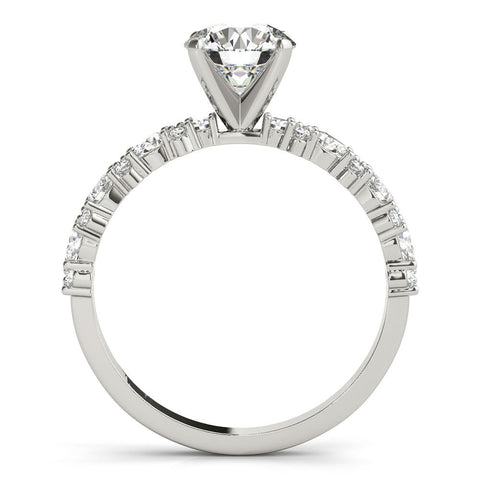 White gold Round Solitaire with Side Stones, Pave Band, Four-Prong Setting