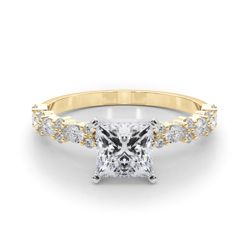 Yellow gold Princess Solitaire with Side Stones, Pave Band, Four-Prong Setting