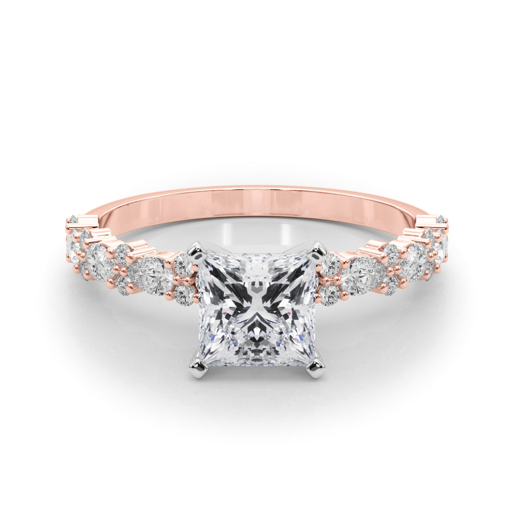 Rose gold Princess Solitaire with Side Stones, Pave Band, Four-Prong Setting