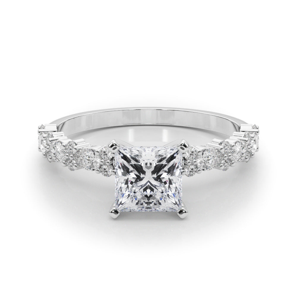 White gold Princess Solitaire with Side Stones, Pave Band, Four-Prong Setting