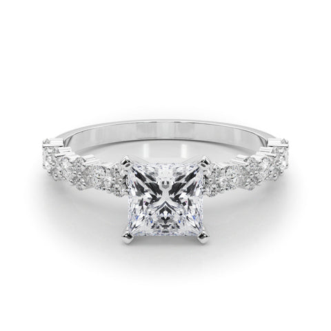 White gold Princess Solitaire with Side Stones, Pave Band, Four-Prong Setting