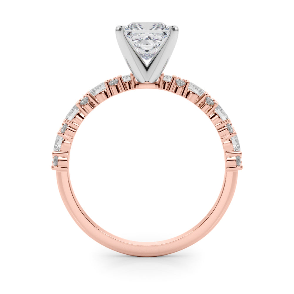 Rose gold Princess Solitaire with Side Stones, Pave Band, Four-Prong Setting