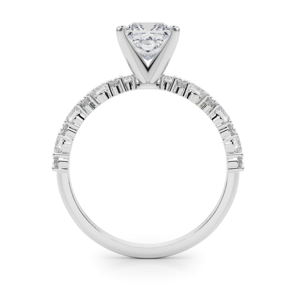White gold Princess Solitaire with Side Stones, Pave Band, Four-Prong Setting
