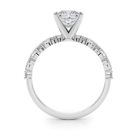 White gold Princess Solitaire with Side Stones, Pave Band, Four-Prong Setting