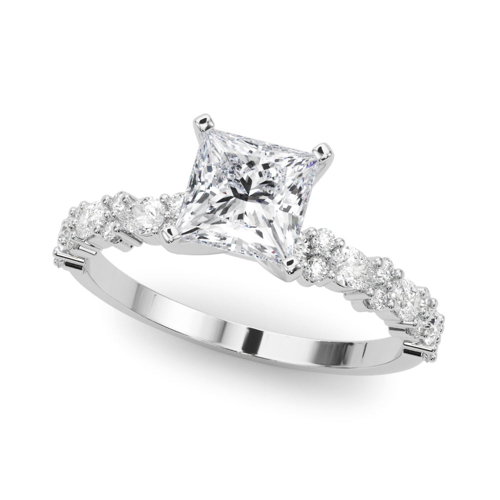 White gold Princess Solitaire with Side Stones, Pave Band, Four-Prong Setting